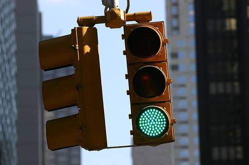Traffic lights lit up green