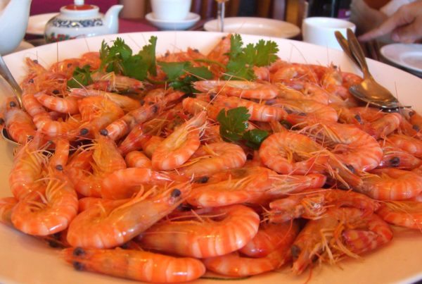 Bowl of whole shelled prawns