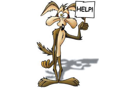 wile-e-coyote holding up a help sign