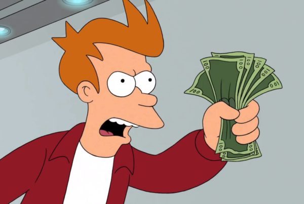 Fry from Futurama holds fist full of money
