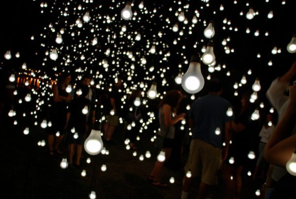 Many lightbulbs hanging from the ceiling