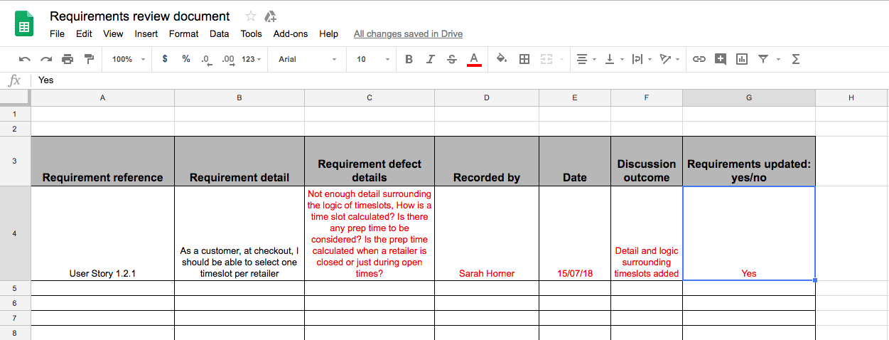 Screenshot of requirements review document
