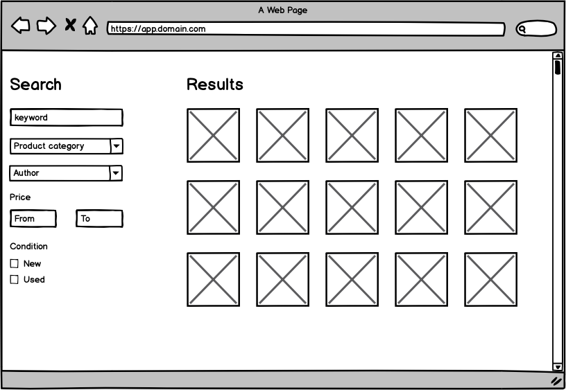 A basic drawing of a wireframe for a search function.