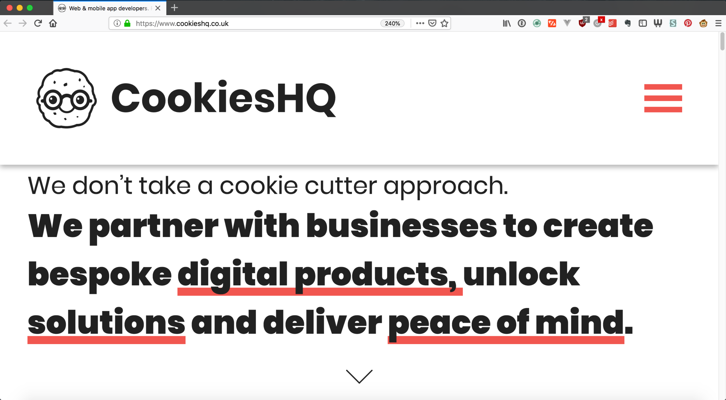 Zoomed in screenshot of CookiesHQ website, showing the mobile menu as browser is at desktop size