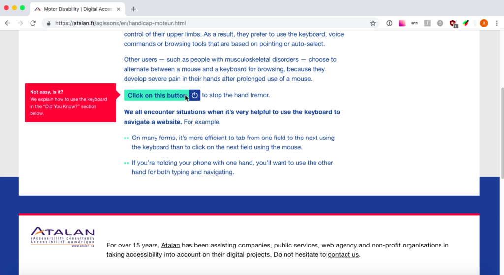 Screen shot showing the task on atalan.fr that allows you to experience using a web page with a hand tremor.