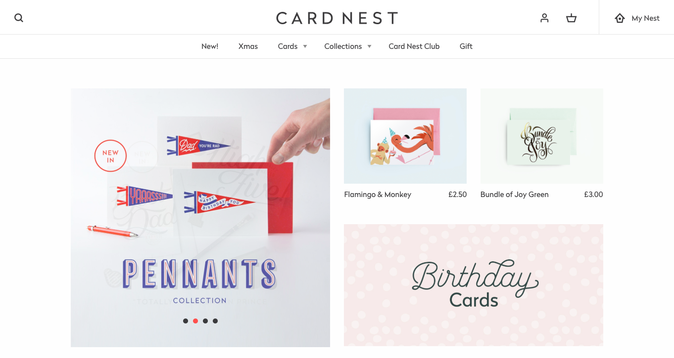 A screen shot of Card Nest's old website.