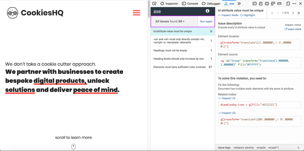Report of aXe tool showing a few errors on our own CookiesHQ website.