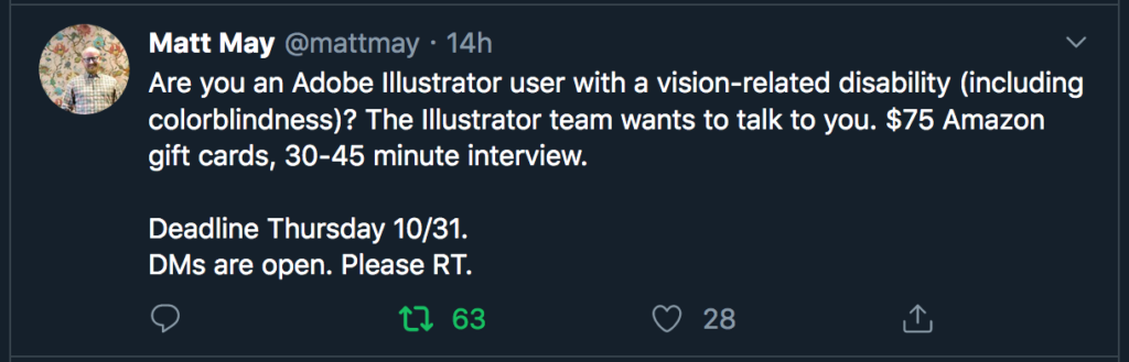 A tweet looking to recruit vision-impaired people for an interview with the Adobe Illustrator team
