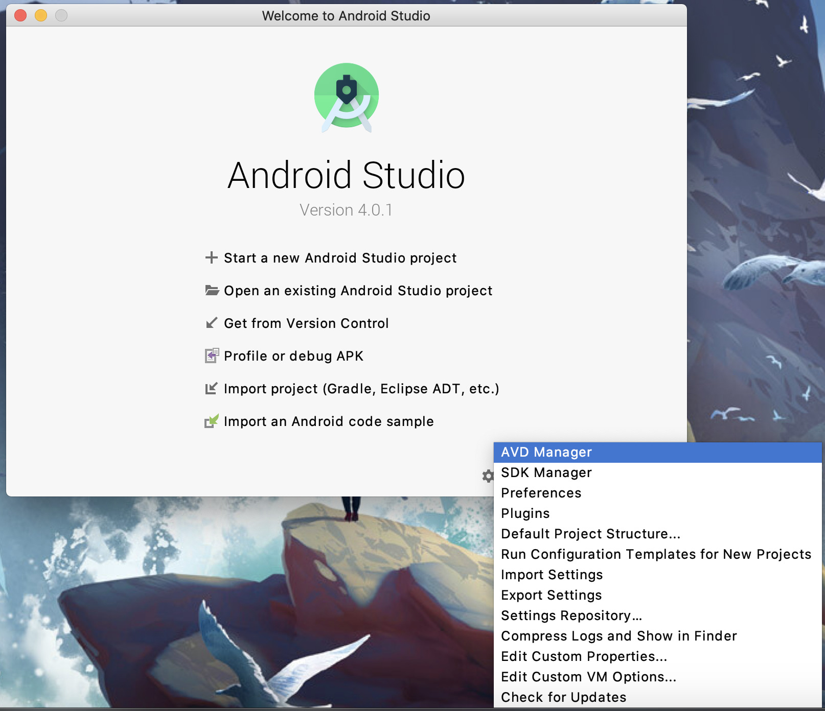 Screenshot of the menu giving access to AVD manager in Android Studio