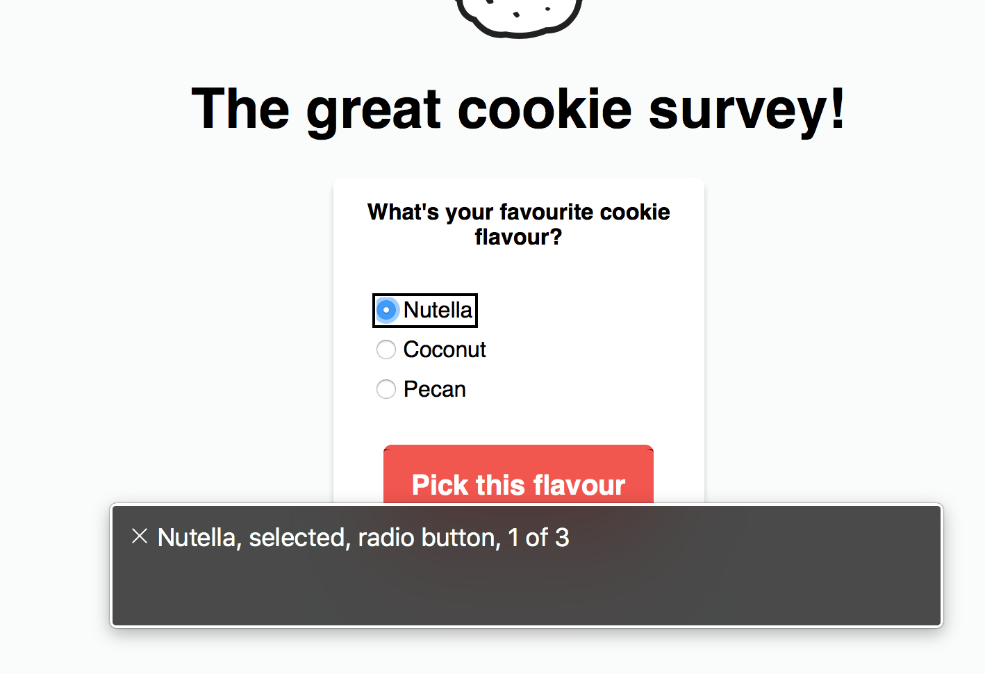 Screenshot of VoiceOver on Mac announcing a radio button